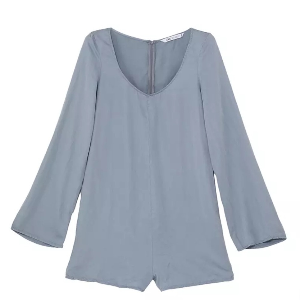 Zara mod silky romper boho 60s contemporary pale blue size small long sleeve $78